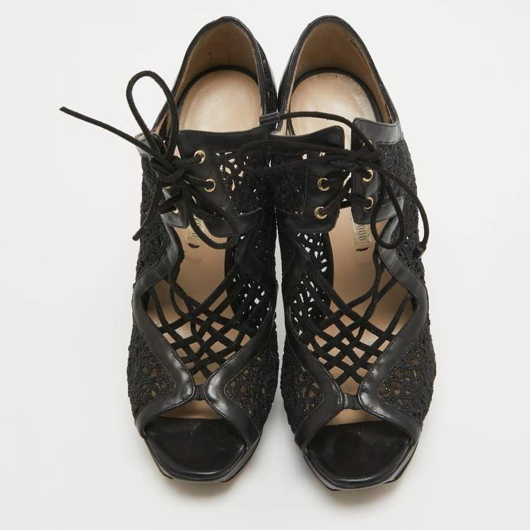 Pre Owned Nicholas Kirkwood Black Mesh and Leather Cutout Lace Up Booties Size 36    