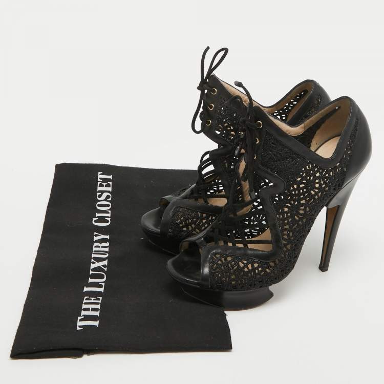 Pre Owned Nicholas Kirkwood Black Mesh and Leather Cutout Lace Up Booties Size 36    