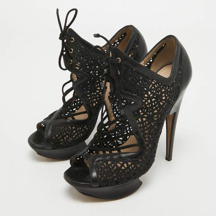 Pre Owned Nicholas Kirkwood Black Mesh and Leather Cutout Lace Up Booties Size 36    