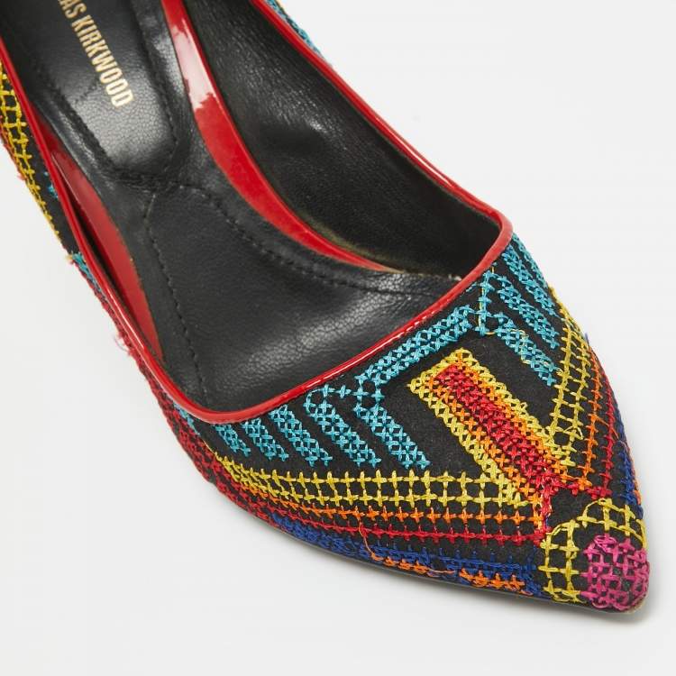 Pre Owned Nicholas Kirkwood Multicolor Mexican Embroidered Fabric Pointed Toe Pumps Size 37