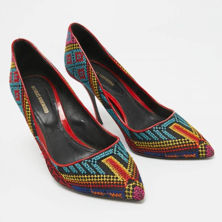 Pre Owned Nicholas Kirkwood Multicolor Mexican Embroidered Fabric Pointed Toe Pumps Size 37