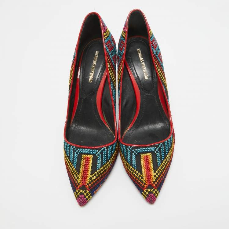 Pre Owned Nicholas Kirkwood Multicolor Mexican Embroidered Fabric Pointed Toe Pumps Size 37