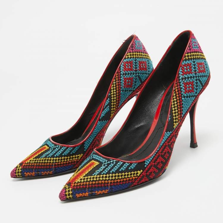 Pre Owned Nicholas Kirkwood Multicolor Mexican Embroidered Fabric Pointed Toe Pumps Size 37