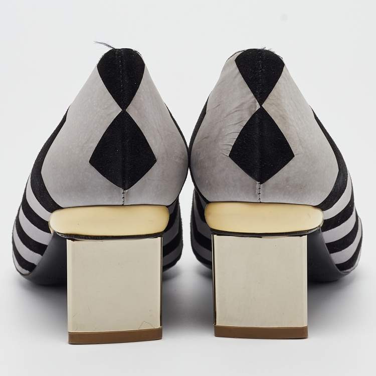 Pre Owned Nicholas Kirkwood Black/Grey Chevron Suede Block Heel Pumps Size 37