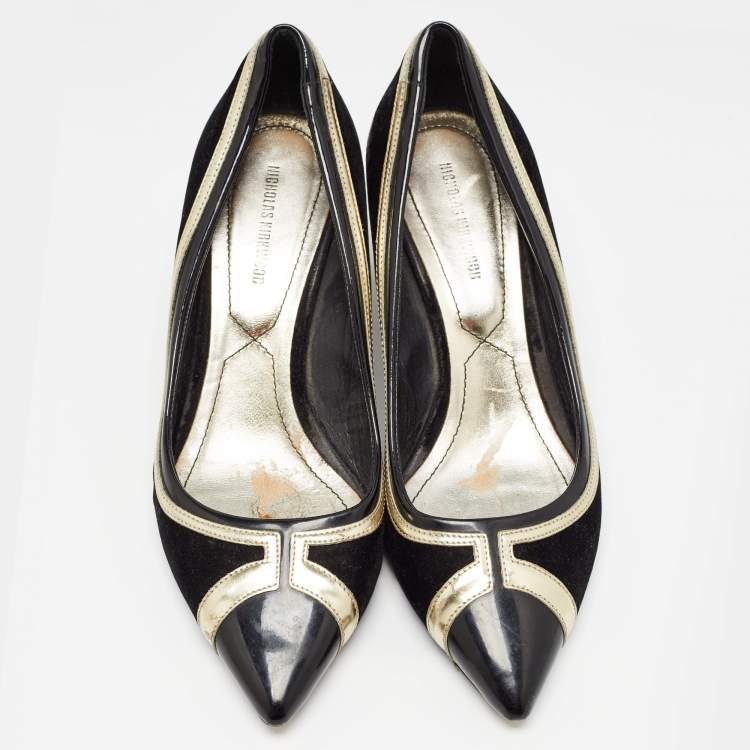 Pre Owned Nicholas Kirkwood Black/Gold Suede and Leather Pointed Toe Pumps Size 37