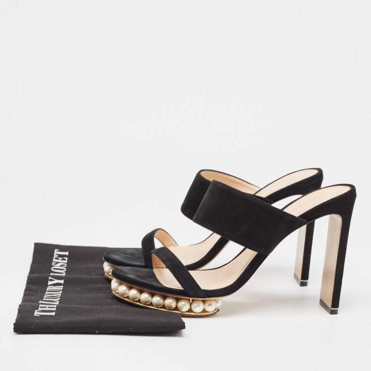 Pre Owned Nicholas Kirkwood Black Suede Faux Pearl Platform Slide Sandals Size 40