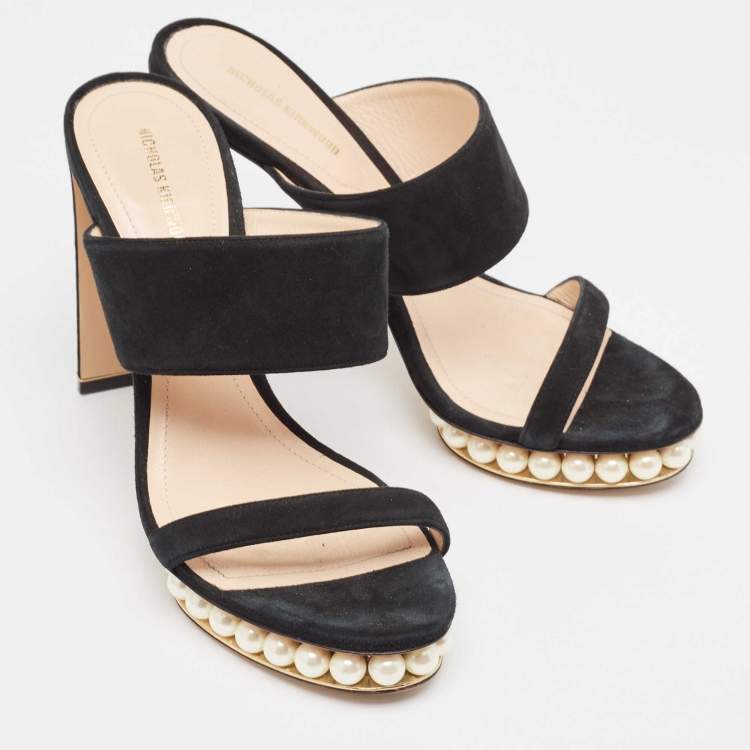 Pre Owned Nicholas Kirkwood Black Suede Faux Pearl Platform Slide Sandals Size 40
