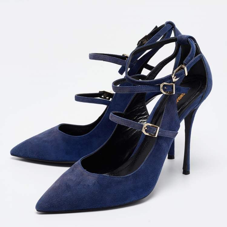 Pre Owned Nicholas Kirkwood Blue Suede  Ruffle Buckle Pointed Toe Pumps Size 39