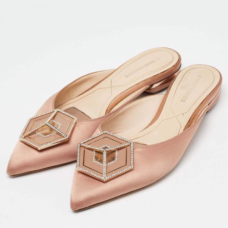 Pre Owned Nicholas Kirkwood Beige Satin Eden Crystals Embellished Flat Mules Size 38