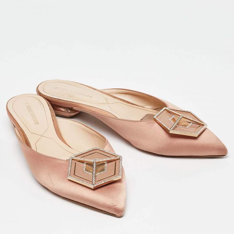Pre Owned Nicholas Kirkwood Beige Satin Eden Crystals Embellished Flat Mules Size 38