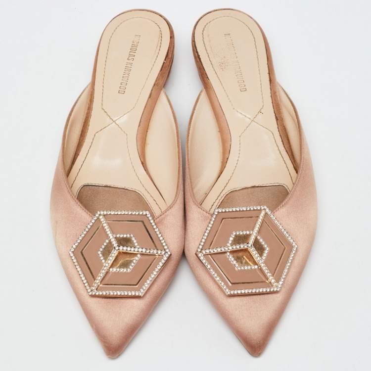 Pre Owned Nicholas Kirkwood Beige Satin Eden Crystals Embellished Flat Mules Size 38