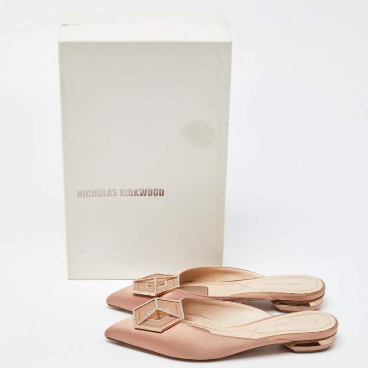 Pre Owned Nicholas Kirkwood Beige Satin Eden Crystals Embellished Flat Mules Size 38