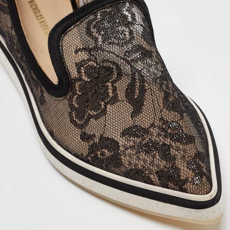 Pre Owned Nicholas Kirkwood Black Lace Alona Smoking Slippers Size 36