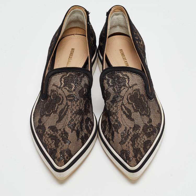 Pre Owned Nicholas Kirkwood Black Lace Alona Smoking Slippers Size 36