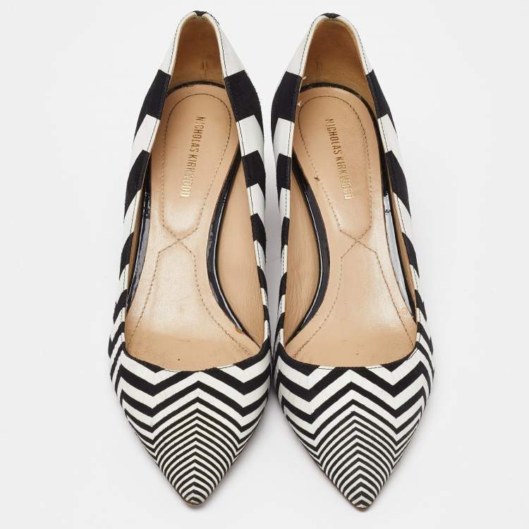 Pre Owned Nicholas Kirkwood White/Black Suede Pointed Toe Block Heel Pumps Size 37