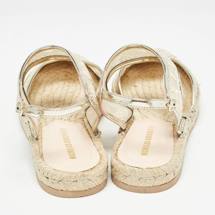 Pre Owned Nicholas Kirkwood Gold Lace and Mesh Espadrilles Slingback Flats Size 36