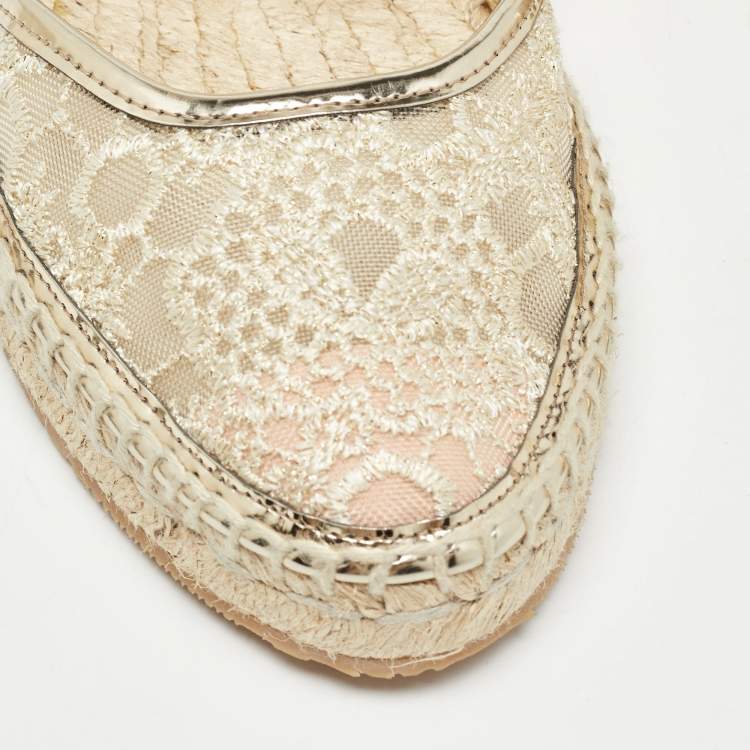 Pre Owned Nicholas Kirkwood Gold Lace and Mesh Espadrilles Slingback Flats Size 36
