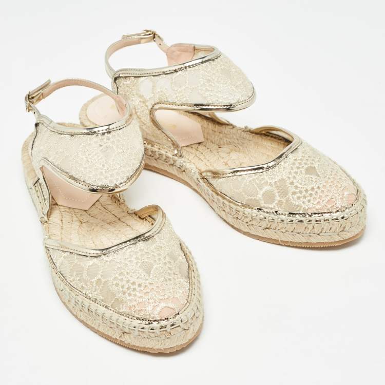 Pre Owned Nicholas Kirkwood Gold Lace and Mesh Espadrilles Slingback Flats Size 36