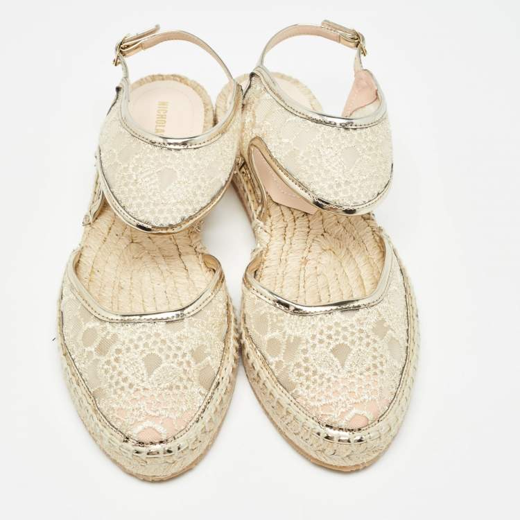 Pre Owned Nicholas Kirkwood Gold Lace and Mesh Espadrilles Slingback Flats Size 36