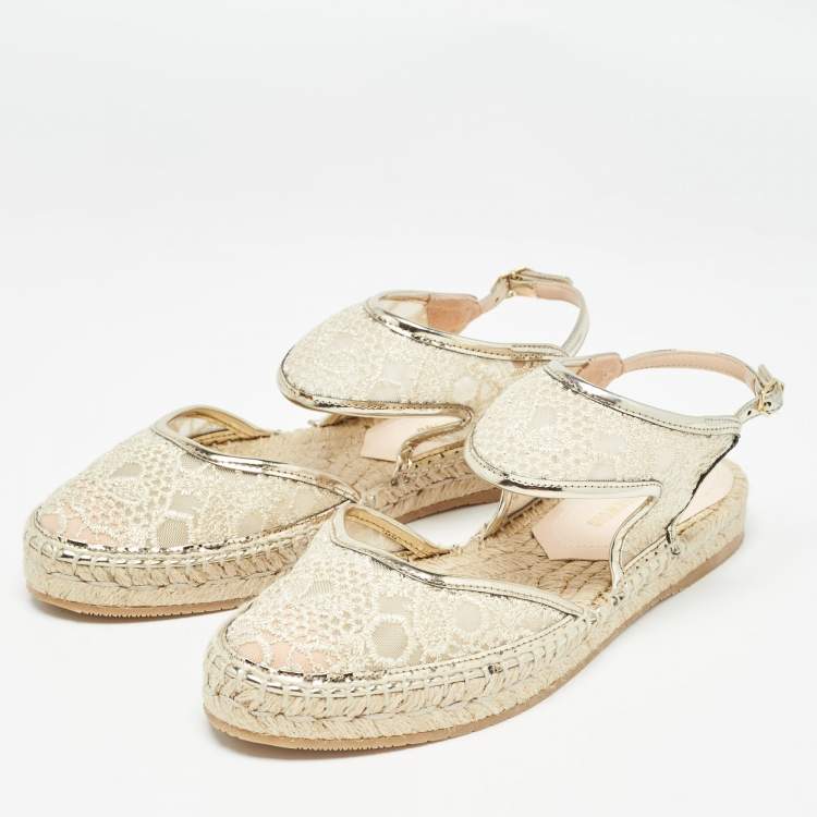 Pre Owned Nicholas Kirkwood Gold Lace and Mesh Espadrilles Slingback Flats Size 36