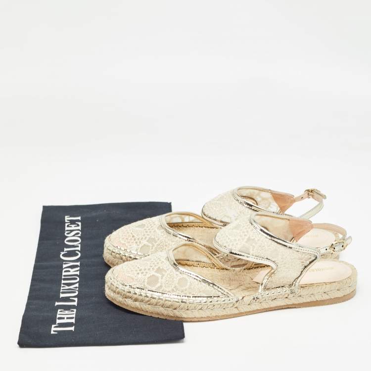 Pre Owned Nicholas Kirkwood Gold Lace and Mesh Espadrilles Slingback Flats Size 36