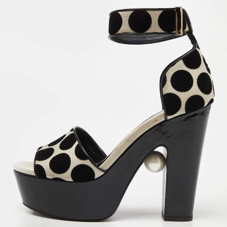 Pre Owned Nicholas Kirkwood White/Black Polka Dot Velvet Platform Pearl Block Heel Ankle Strap Sandals Size 39.5