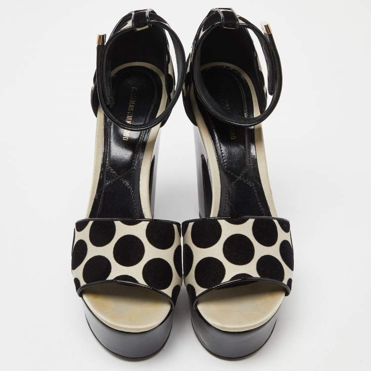 Pre Owned Nicholas Kirkwood White/Black Polka Dot Velvet Platform Pearl Block Heel Ankle Strap Sandals Size 39.5