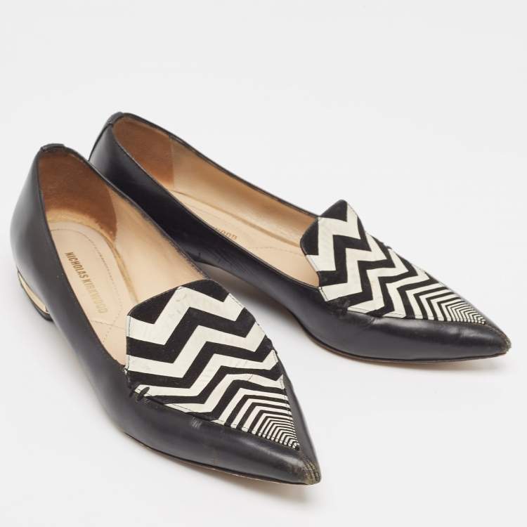 Pre Owned Nicholas Kirkwood Black/White Leather Beya Zigzag Pointed Toe Ballet Flats Size 35