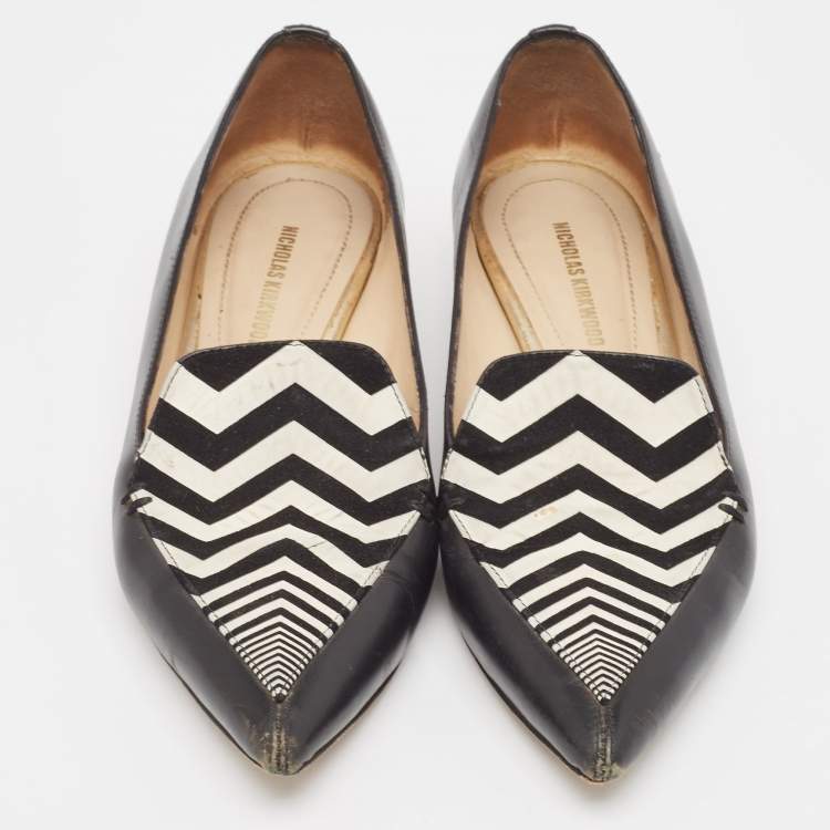 Pre Owned Nicholas Kirkwood Black/White Leather Beya Zigzag Pointed Toe Ballet Flats Size 35
