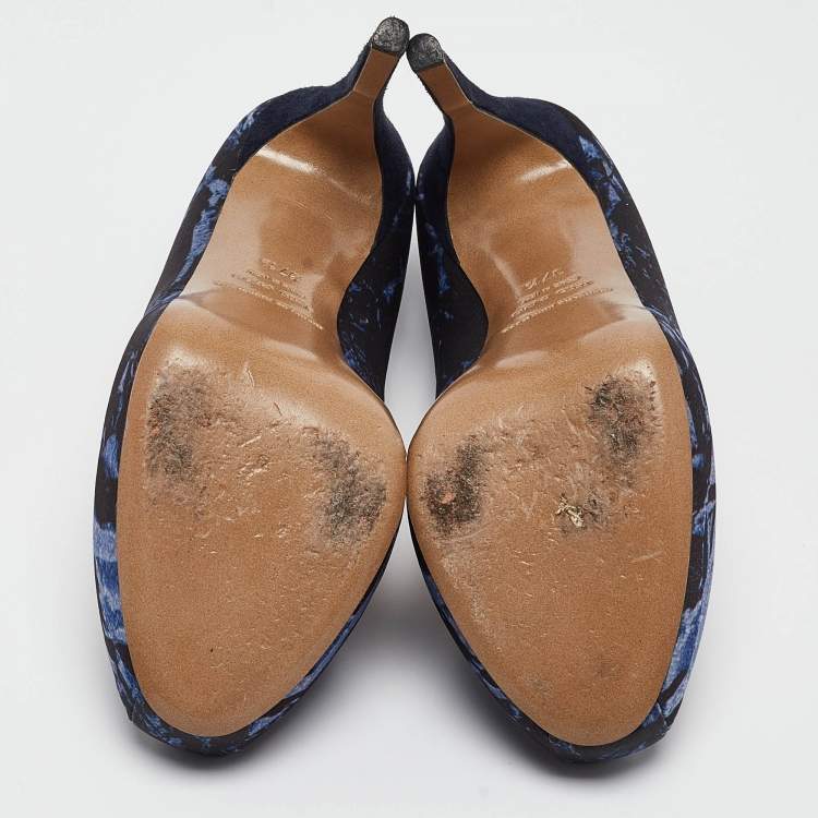 Pre Owned Nicholas Kirkwood Navy Blue Print Satin Platform Pumps Size 37.5