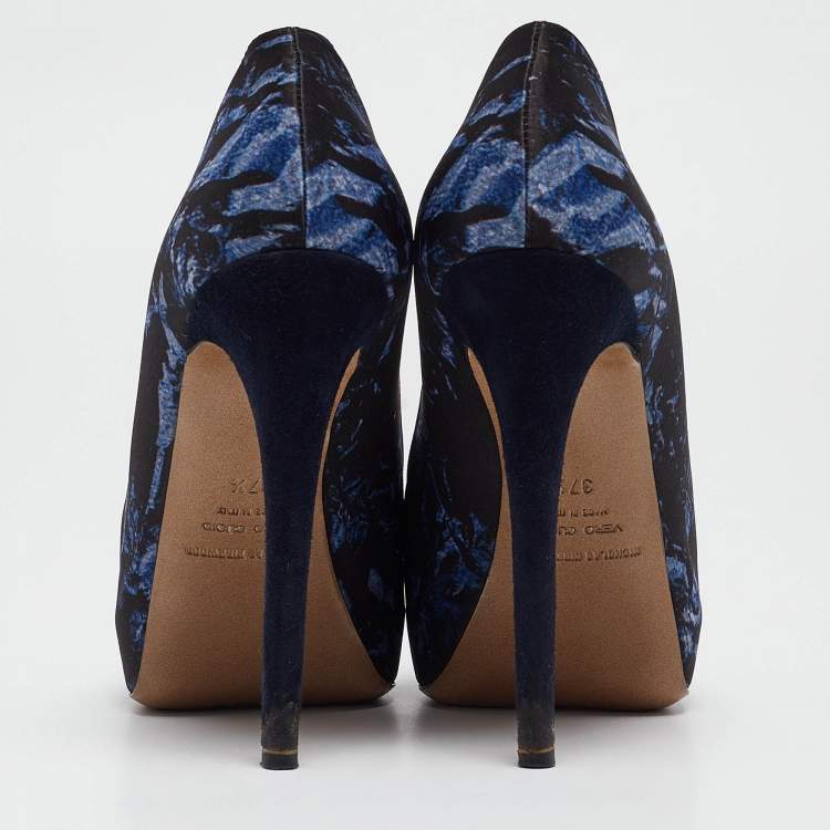 Pre Owned Nicholas Kirkwood Navy Blue Print Satin Platform Pumps Size 37.5