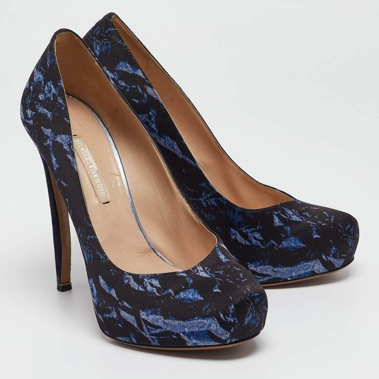 Pre Owned Nicholas Kirkwood Navy Blue Print Satin Platform Pumps Size 37.5