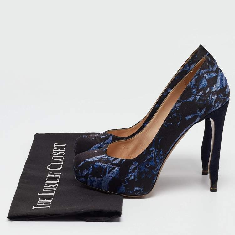 Pre Owned Nicholas Kirkwood Navy Blue Print Satin Platform Pumps Size 37.5