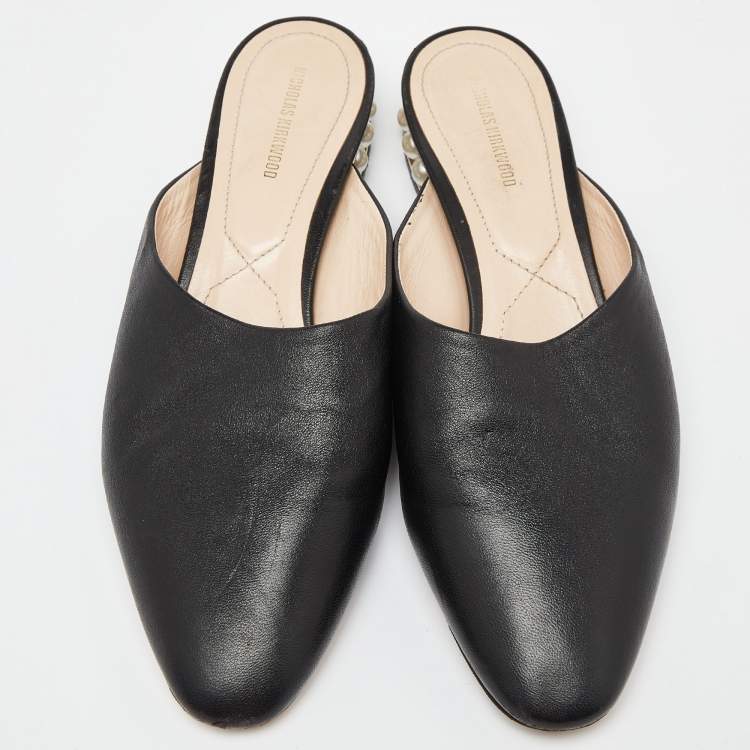 Pre Owned Nicholas Kirkwood Black Leather Casati Pearl Embellished Flat Mules Size 40