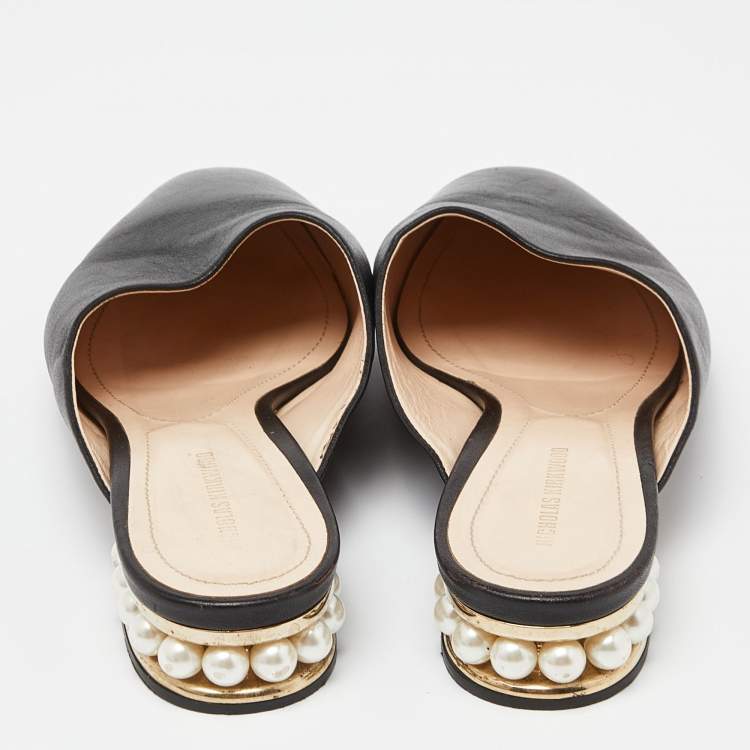 Pre Owned Nicholas Kirkwood Black Leather Casati Pearl Embellished Flat Mules Size 40