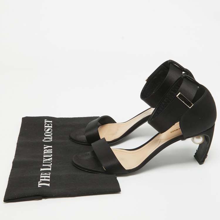 Pre Owned Nicholas Kirkwood Black Satin Pearl Detail Ankle Strap Sandals Size 41