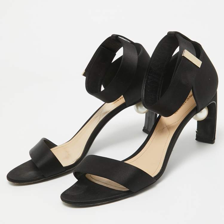 Pre Owned Nicholas Kirkwood Black Satin Pearl Detail Ankle Strap Sandals Size 41