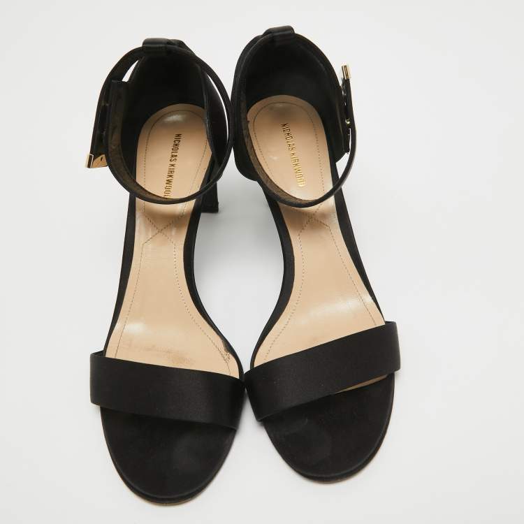 Pre Owned Nicholas Kirkwood Black Satin Pearl Detail Ankle Strap Sandals Size 41