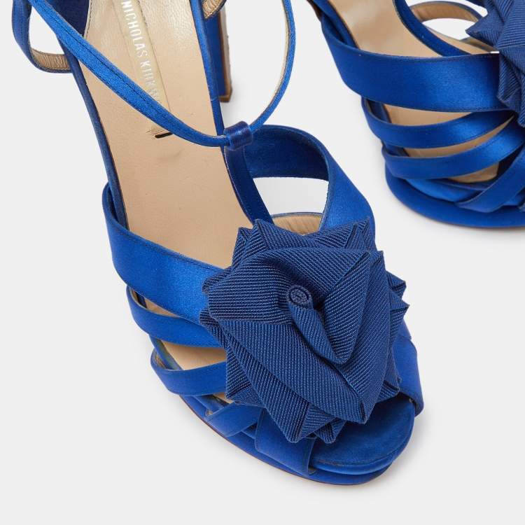 Pre Owned Nicholas Kirkwood Blue Satin Platform Ankle Strap Sandals Size 39