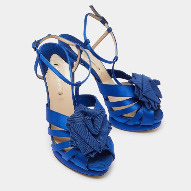 Pre Owned Nicholas Kirkwood Blue Satin Platform Ankle Strap Sandals Size 39