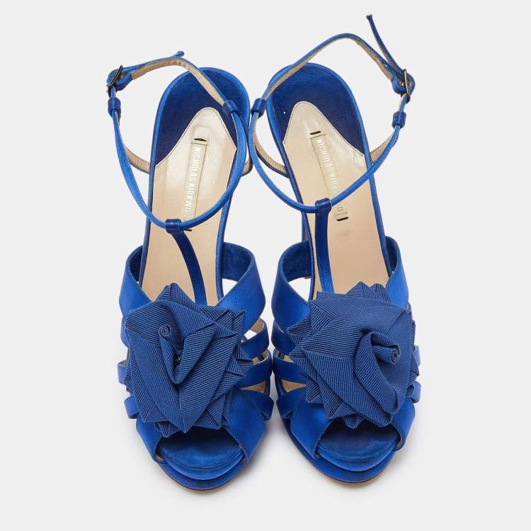 Pre Owned Nicholas Kirkwood Blue Satin Platform Ankle Strap Sandals Size 39