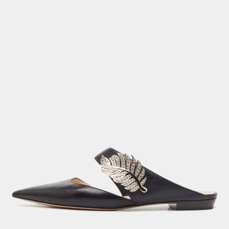 Pre Owned Nicholas Kirkwood Black Leather Crystal Embellished Flat Mules Size 40