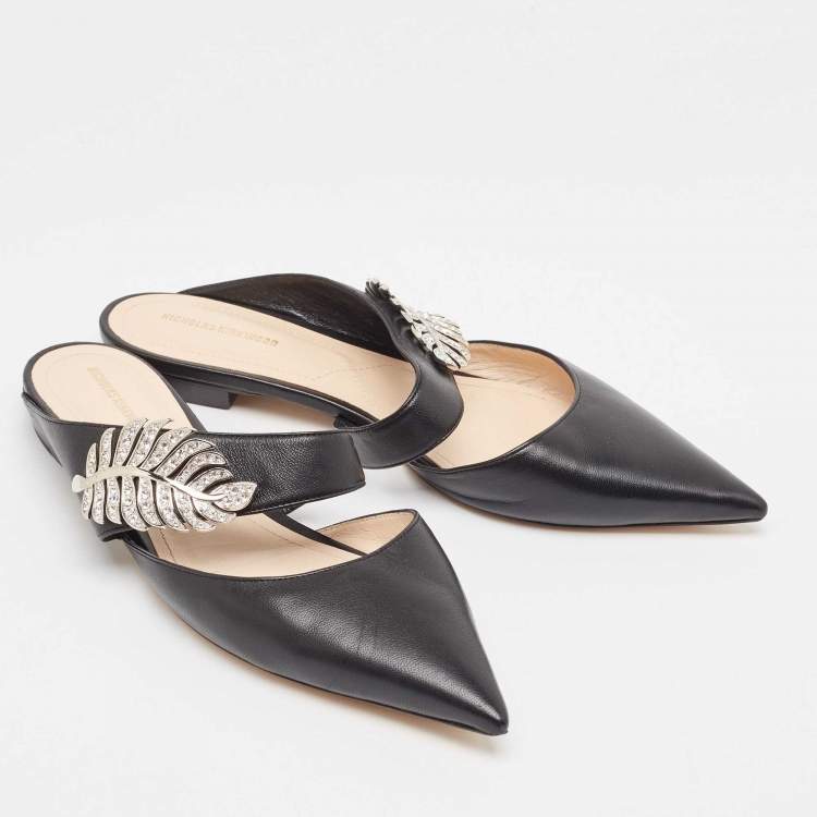 Pre Owned Nicholas Kirkwood Black Leather Crystal Embellished Flat Mules Size 40