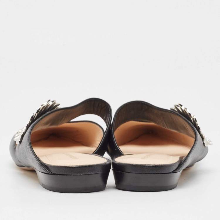 Pre Owned Nicholas Kirkwood Black Leather Crystal Embellished Flat Mules Size 40