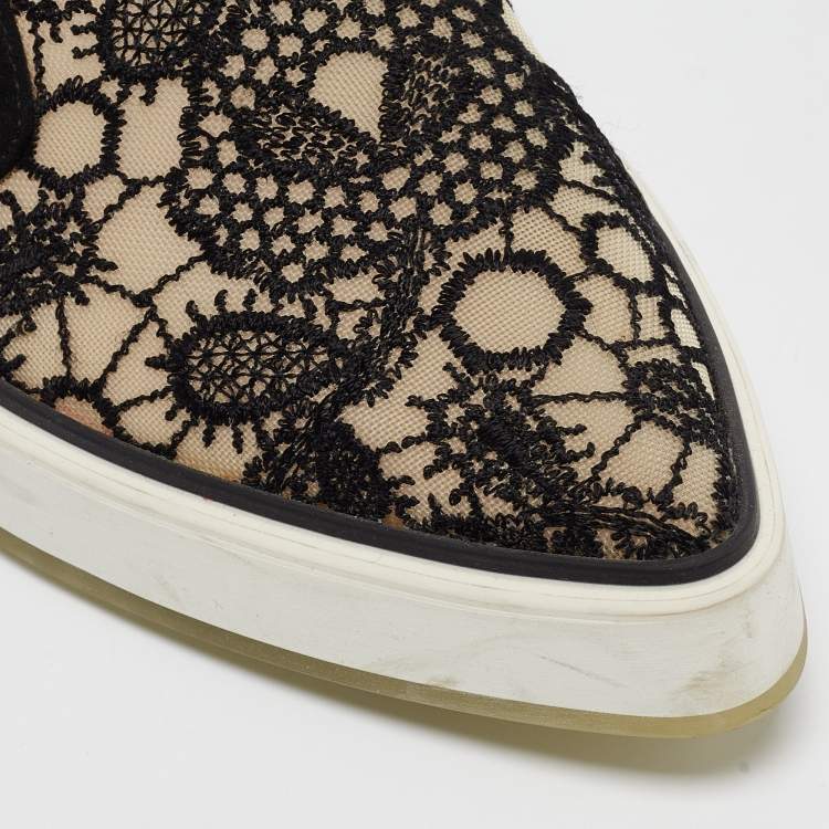 Pre Owned Nicholas Kirkwood Black/Beige Lace and Mesh Alona  Smoking Slipper Size 37.5