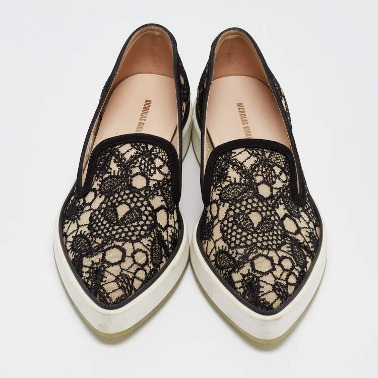 Pre Owned Nicholas Kirkwood Black/Beige Lace and Mesh Alona  Smoking Slipper Size 37.5