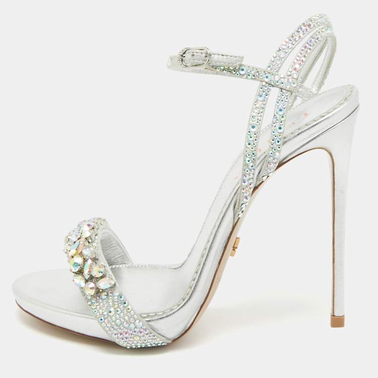 Pre Owned Le Silla Sliver Leather Crystal Embellished Ankle Strap Sandals Size 36