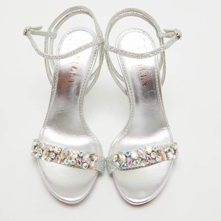 Pre Owned Le Silla Sliver Leather Crystal Embellished Ankle Strap Sandals Size 36