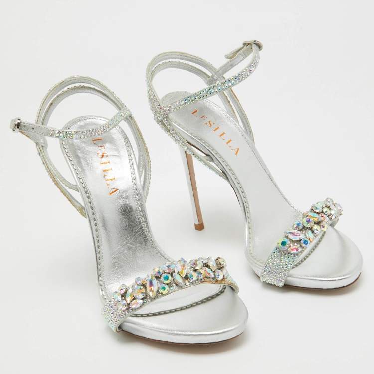 Pre Owned Le Silla Sliver Leather Crystal Embellished Ankle Strap Sandals Size 36