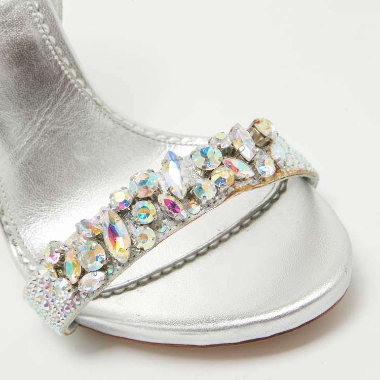 Pre Owned Le Silla Sliver Leather Crystal Embellished Ankle Strap Sandals Size 36